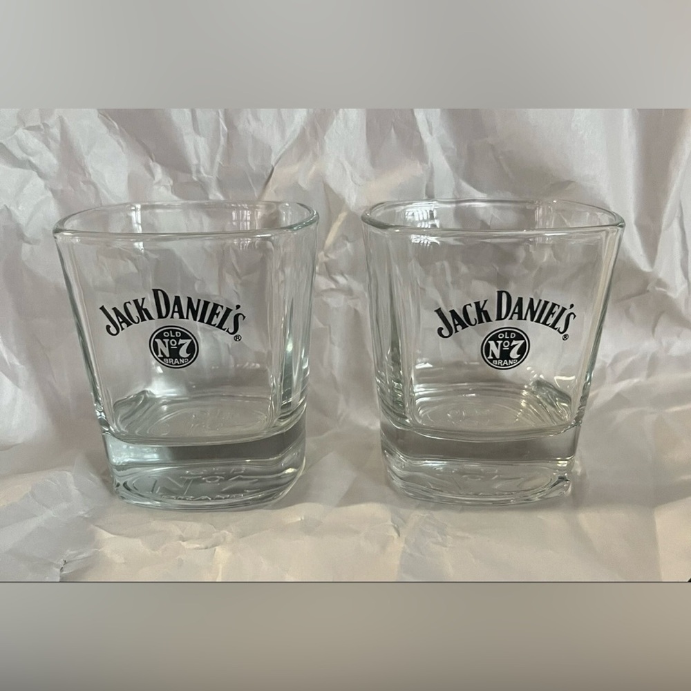 JACK DANIELS Old No 7 Brand Whiskey 8oz Low Ball Glass w/ Square Bottom/ Set 2